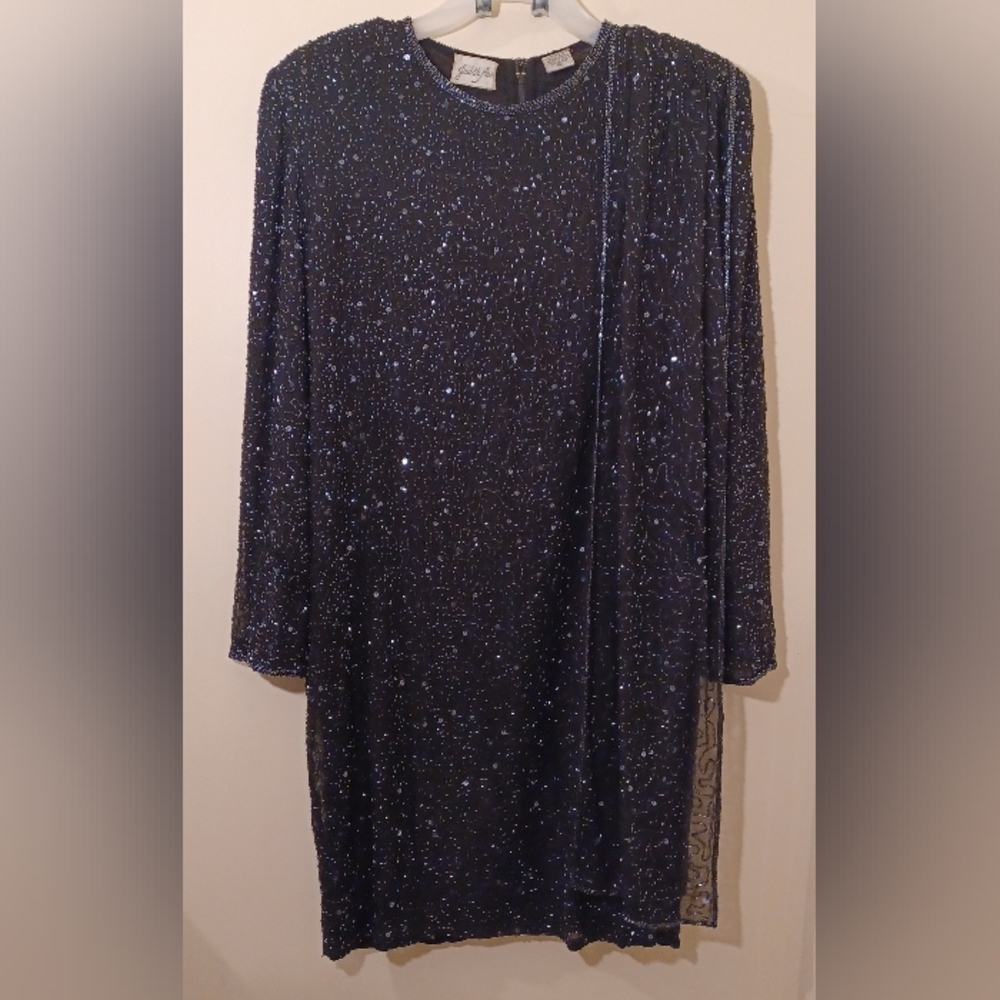 Stunning Vintage Judith Ann Beaded Sequined Formal Dress Attached Shoulder Scarf